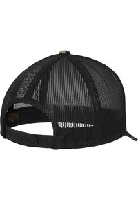 Fekete hálós trucker sapka, szilárd fekete elülső panellel, állítható snapback csattal és ívelt billlel. Texturált hálós oldalak és hát.
