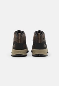 Brown and black hiking shoes with a textured mesh upper, reinforced heel, and a rubber sole designed for traction.