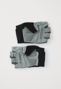 Fingerless gloves in grey and black, made of durable fabric with padded palms, textured grip, and adjustable Velcro wrist closures.