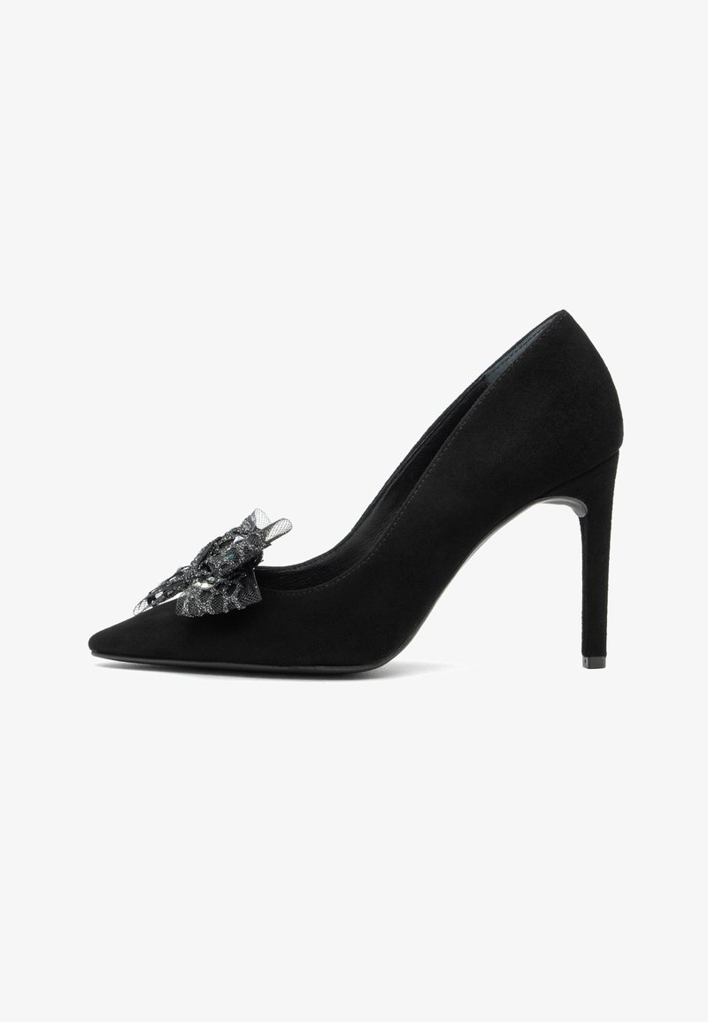 Pantof cu toc înalt din suede negru, cu vârf ascuțit și fundă decorativă din plasă neagră în față, prezentat în profil lateral pe fundal alb.