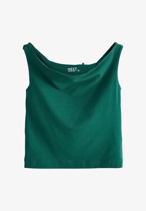 Tmavě zelený krátký top bez rukávů se širokým hranatým výstřihem a štítkem s nápisem „NEXT Open Neck Vest“.