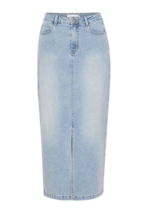 Heled sinine denim midi-seelik sirge lõike, ees oleva lõhiku ja nähtava õmblusega. Omab nööbikinnitust ja vöörihmasid.