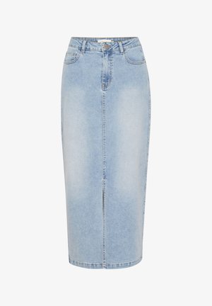 Světle modrá džínová midi sukně se rovnoměrným střihem, předním rozparkem a viditelným švem. Obsahuje knoflíkové zapínání a poutka na opasek.