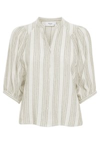 Blusa de color claro hecha de tejido texturizado, con rayas verticales en tonos apagados, con botones en el frente y mangas abullonadas.