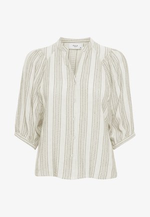 Šviesios spalvos blizgus marškinėliai, pagaminti iš tekstūruoto audinio, su subtilių atspalvių vertikaliomis juostelėmis, mygtukų priekyje ir pūstomis rankovėmis.