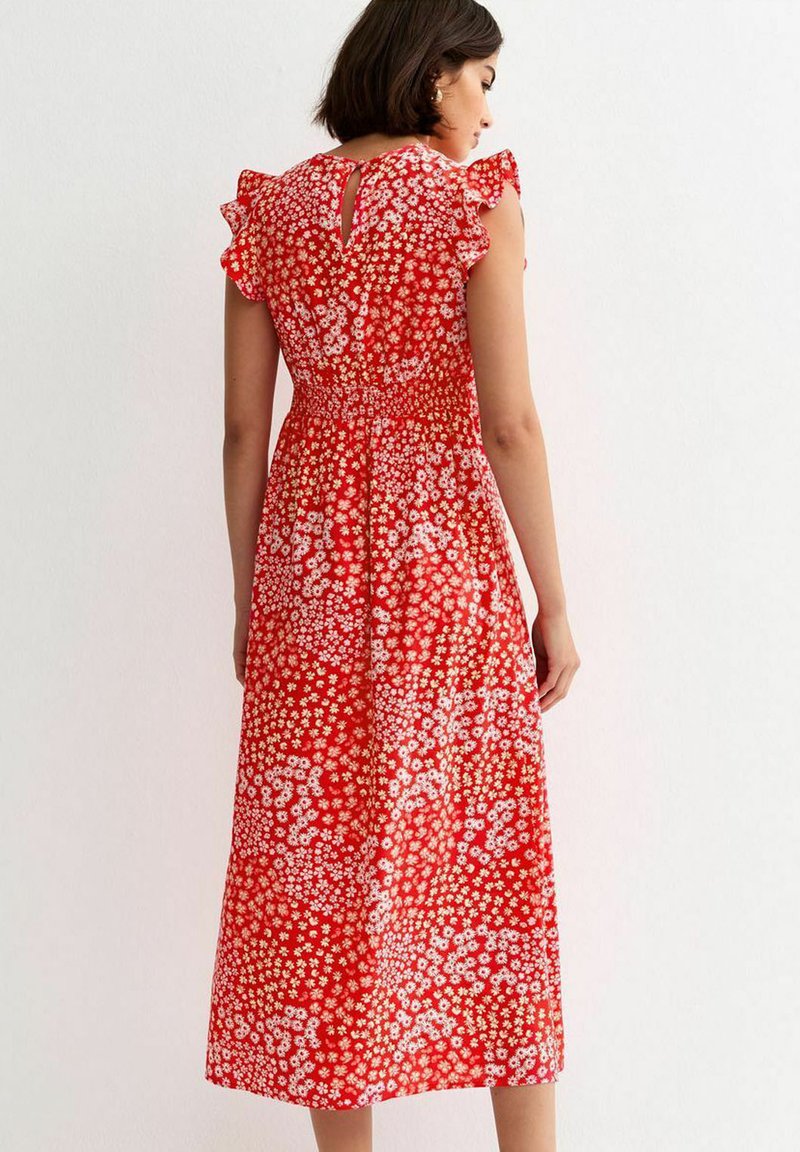 new look red floral midi dress Red Floral Ditsy Lace Tea Midi Dress