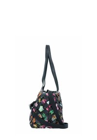 Borsa nera intrecciata con motivo floreale. Ha una chiusura superiore con coulisse e due spallacci regolabili per opzioni di trasporto versatili.