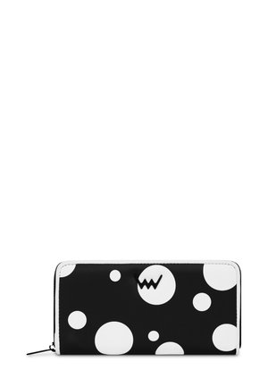 Black wallet featuring white polka dots, made of smooth material with a zip closure and a subtle logo accent on the front.
