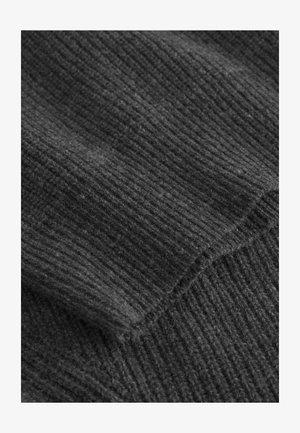 Dark gray, ribbed knit fabric with a soft texture. Features a subtle sheen and finely woven pattern. Edge is slightly rolled or folded.