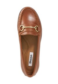 Brown leather loafers with gold hardware detail, rounded toe, and perforated insole for breathability. Labeled "Dune London" inside.
