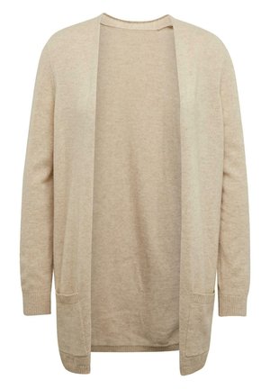 Cardigan beige con maniche lunghe, apertura frontale e due tasche anteriori. Texture morbida con vestibilità rilassata e polsini e orlo a coste.