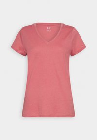 Korallerosa V-neck T-shirt med korte ærmer, lavet af blødt bomuldsstof. Har en lige kant og afslappet pasform, velegnet til hverdagsbrug.