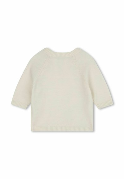 Korte mouwen, crèmekleurige trui, gebreide structuur, geribde zoom en manchetten, ronde halslijn, naadloze raglanmouwen, eenvoudig ontwerp.