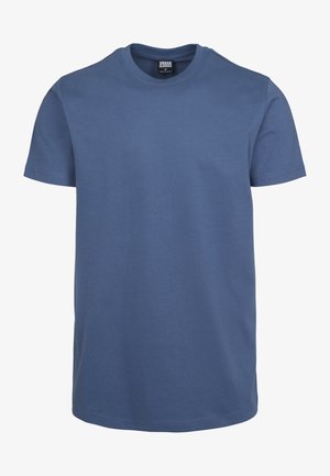 T-shirt blu in cotone a maniche corte con collo tondo, caratterizzato da una texture liscia e un orlo dritto. Senza motivi o hardware visibili.