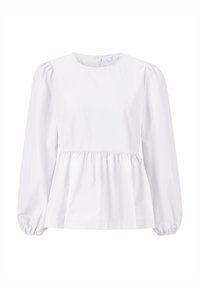 Blusa bianca con collo rotondo, maniche lunghe a sbuffo e vita a peplum arricciata. Realizzata in tessuto liscio senza disegni o decorazioni.