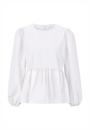 Weiße Bluse mit Rundhalsausschnitt, gepufften langen Ärmeln und gerafftem Peplum-Taille. Aus glattem Stoff ohne Muster oder Verzierungen gefertigt.