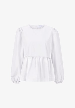 Weiße Bluse mit Rundhalsausschnitt, gepufften langen Ärmeln und gerafftem Peplum-Taille. Aus glattem Stoff ohne Muster oder Verzierungen gefertigt.