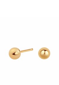 Złote kolczyki wkrętki w kształcie owalnym, o gładkiej powierzchni i z zapinaniem w postaci szpilki. Jeden kolczyk jest oddzielony od drugiego.