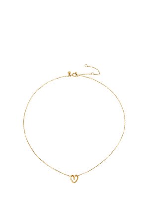 Collier en chaîne dorée avec un design délicat, mettant en avant un petit pendentif en forme de cœur au centre. Texture lisse avec une finition fine et polie.