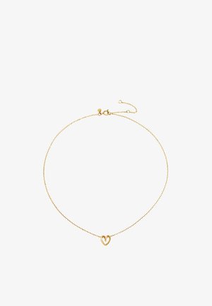 Collier en chaîne dorée avec un design délicat, mettant en avant un petit pendentif en forme de cœur au centre. Texture lisse avec une finition fine et polie.