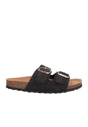 Sandalia negra tipo slip-on con dos hebillas plateadas ajustables y plantilla de corcho, diseñada para uso casual.