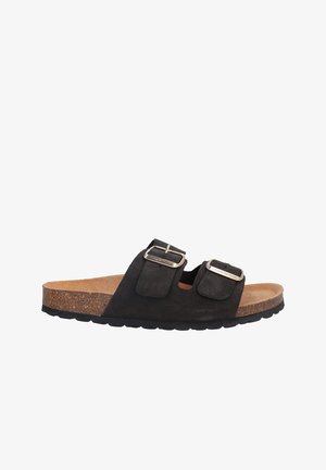 Sandalia negra tipo slip-on con dos hebillas plateadas ajustables y plantilla de corcho, diseñada para uso casual.