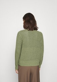 Strickpullover in Olivgrün, mit einem strukturierten Muster, langen Ärmeln und geripptem Saum. Die Rückansicht zeigt einen lässigen Schnitt und gewebte Details.