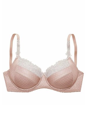 Padded bra in soft pink with white polka dots. Features lace trim along the top, adjustable straps, and a smooth satin finish.