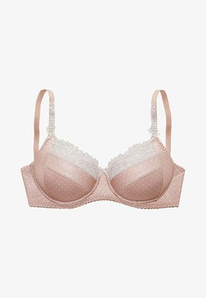 Padded bra in soft pink with white polka dots. Features lace trim along the top, adjustable straps, and a smooth satin finish.
