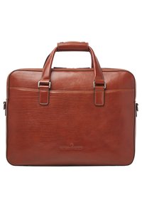 Borsa a tracolla in pelle marrone con due manici superiori, hardware in tonalità argento e una superficie liscia. Caratterizzata da una tasca frontale e un logo impresso in modo discreto.
