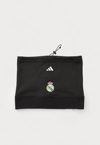 Zwarte sporthoofdband van elastisch materiaal met het Adidas-logo en het Real Madrid-embleem, voorzien van een trekkoord voor aanpassing.