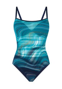 Jednoczęściowy kostium kąpielowy z niebieskim wzorem fal, wąskimi regulowanymi ramiączkami oraz jednolitym granatowym panelem u dołu. Miękki, teksturowany materiał.