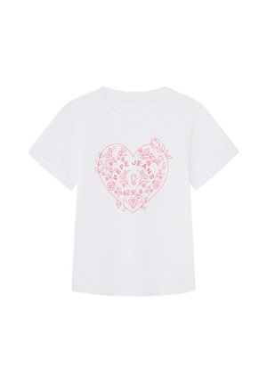 Camiseta de manga corta blanca con un gráfico de corazón rosa con diseños florales y el texto "PEPE JEANS" en el centro.