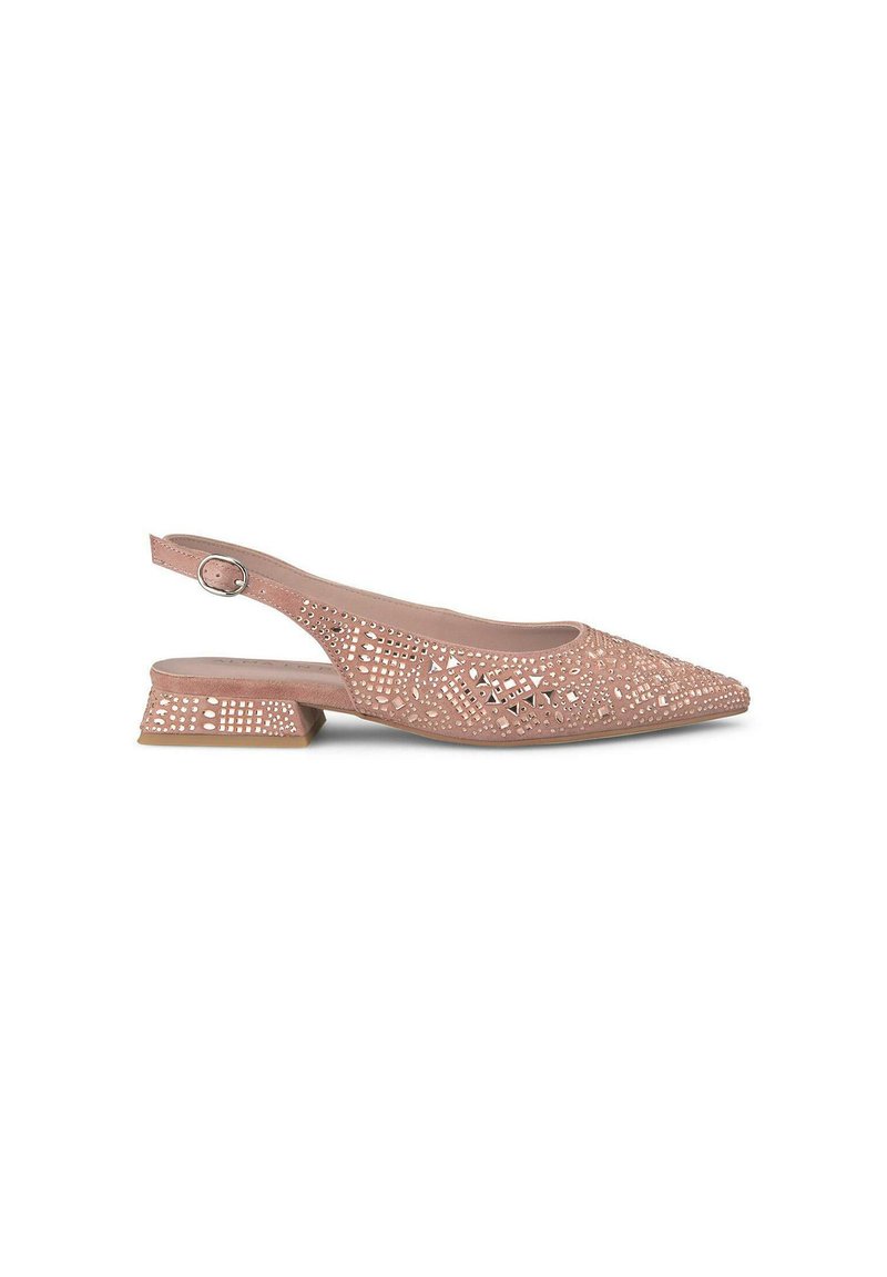 Scarpa con tacco a slingback rosa, con design perforato, punta affusolata, dettagli in argento e tacco basso a blocco, realizzata in materiale morbido.