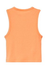 Oranje geribde tanktop met een ronde halslijn, mouwloos ontwerp en een rechte zoom. Zachte textuur met zichtbare stikdetails.
