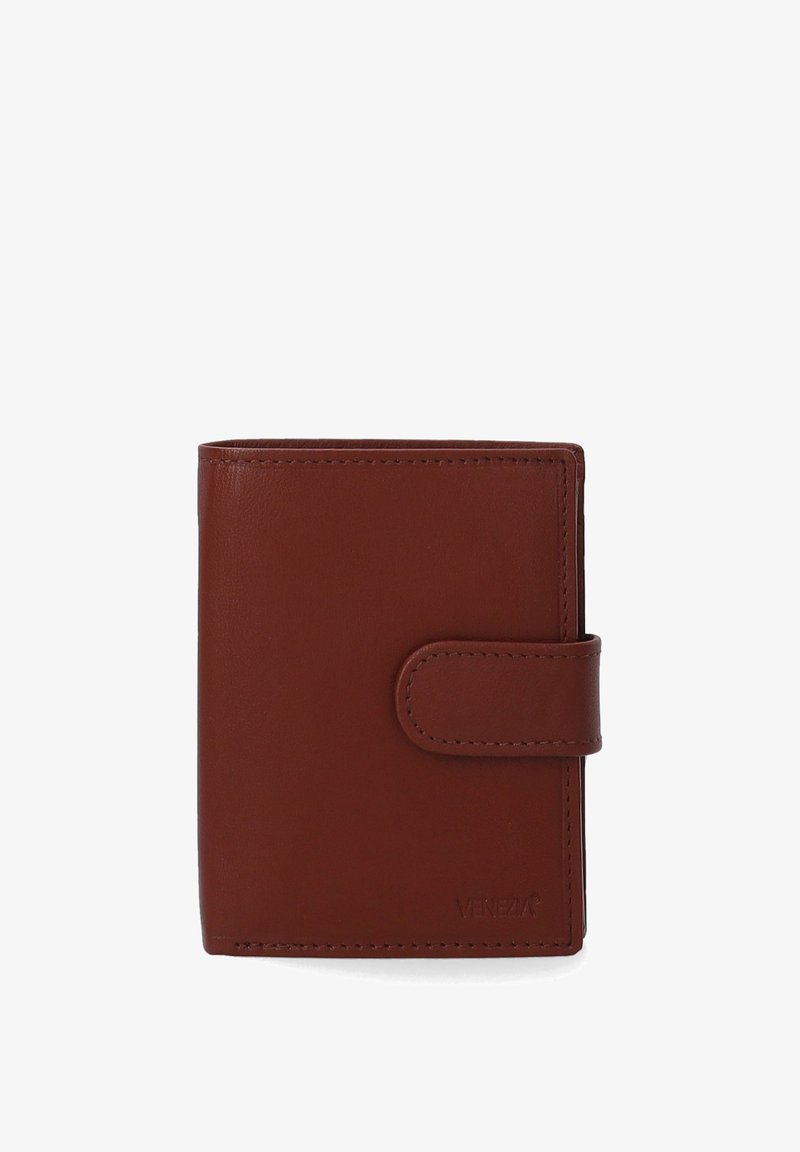 Brown leather wallet with a rectangular shape, featuring a snap closure and minimalistic design. Textured surface with smooth edges.