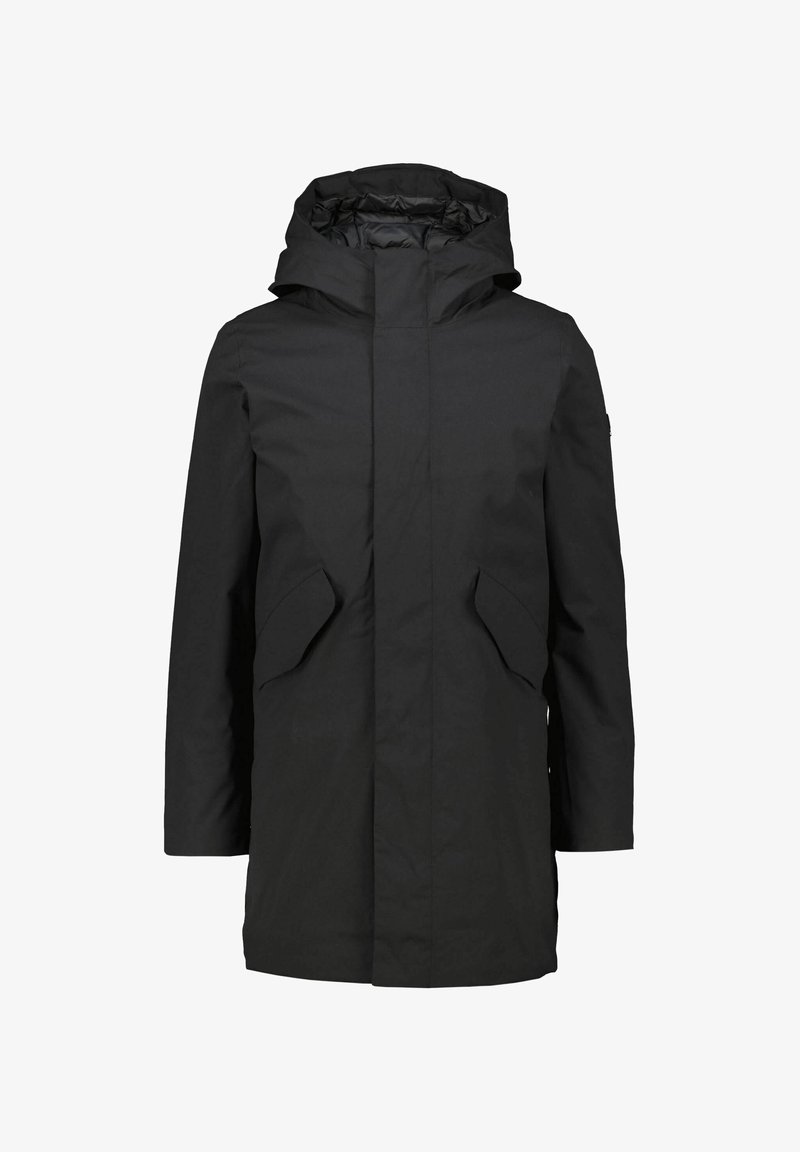 Manteau d'hiver noir à capuche avec fermeture à rabat à l'avant et poches latérales inclinées, manches longues et doublure intérieure matelassée.