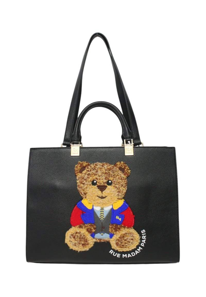 Borsa tote nera in pelle con un orsetto ricamato che indossa una giacca colorata e un gilet blu, accentuata da dettagli in oro.