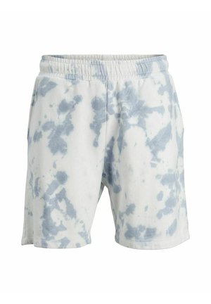 Short blanc avec motif tie-dye gris clair et ceinture élastique, présenté sur un fond blanc uni.