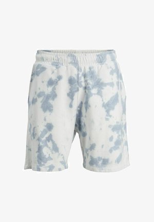 Pantaloncini bianchi con motivo tie-dye grigio chiaro e vita elastica, mostrati su uno sfondo bianco uniforme.