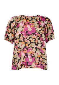Blommig blus med en blandning av rosa, orange och gröna mönster på en svart bakgrund, med korta puffärmar och rund halsringning.