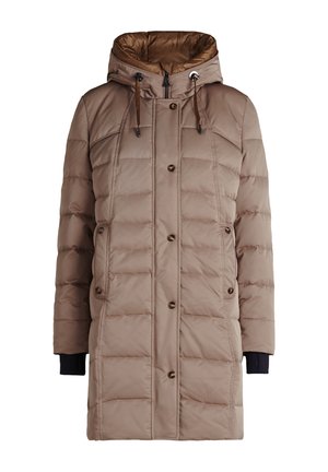 Gewatteerde winterjas in lichtbruin met capuchon, ritssluiting en knopelementen. Kenmerkt zich door elastische manchetten en een gequiltde textuur.