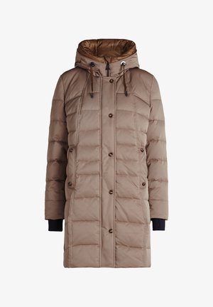 Gepolsterter Wintermantel in Hellbraun mit Kapuze, Reißverschluss und Knopfakzenten. Verfügt über elastische Bündchen und eine gesteppten Textur.