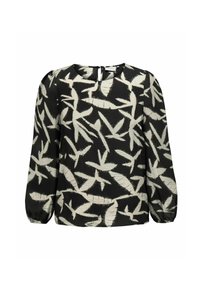 Blusa de manga larga en negro con un patrón de hojas crema. Cuenta con un escote redondo y cierre de botones en la parte posterior. Tela ligera con un acabado texturizado.