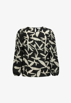 Bluză cu mâneci lungi, de culoare neagră, cu un model de frunze crem. Dispune de un decolteu rotund și închidere cu buton la spate. Material ușor, cu un finisaj texturat.
