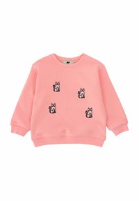 Roze sweatshirt met vier geborduurde katontwerpen in het zwart. Ronde hals, lange mouwen en geribde manchetten. Zacht, katoenen materiaal.