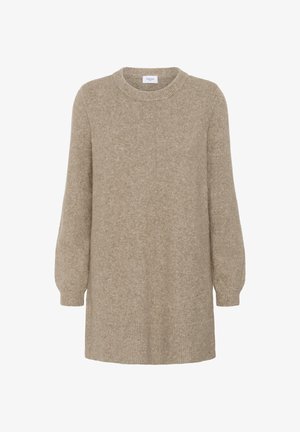 Vestido suéter beige con un corte relajado, puños y dobladillo acanalados, hecho de un suave tejido de punto, con un escote redondo y mangas abullonadas.