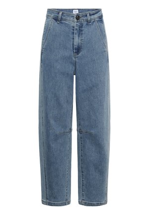 Modre kavbojke iz džinsa z visokim pasom in ravnimi hlačnicami, z žepi spredaj, zaponko na gumbe, z zankami za pas in detajli šivov na kolenih.