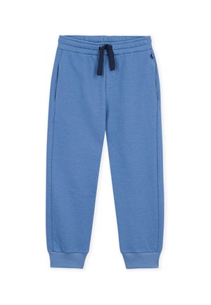 Pantalon de jogging bleu pour enfants avec taille élastique et cordon noir, poches latérales et poignets élastiques aux chevilles.