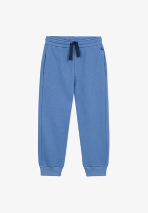 Pantalon de jogging bleu pour enfants avec taille élastique et cordon noir, poches latérales et poignets élastiques aux chevilles.